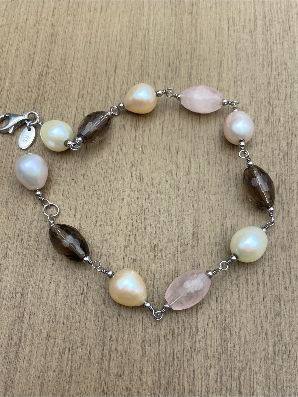 RS Ross-Simons 925 Sterling Baroque Pearls Pink Quartz Smoky Topaz Bracelet 8”